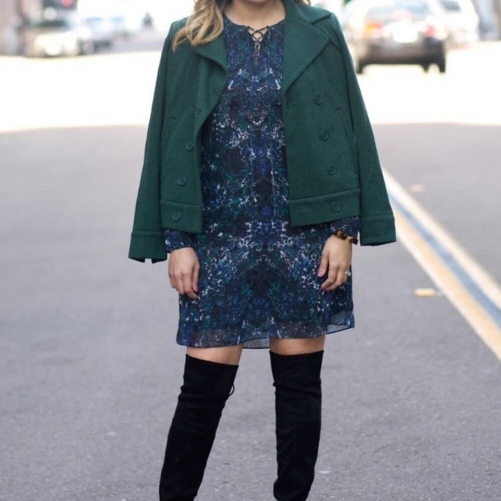 Cabi blue green floral watercolor long sleeve dress size Small Style #3339